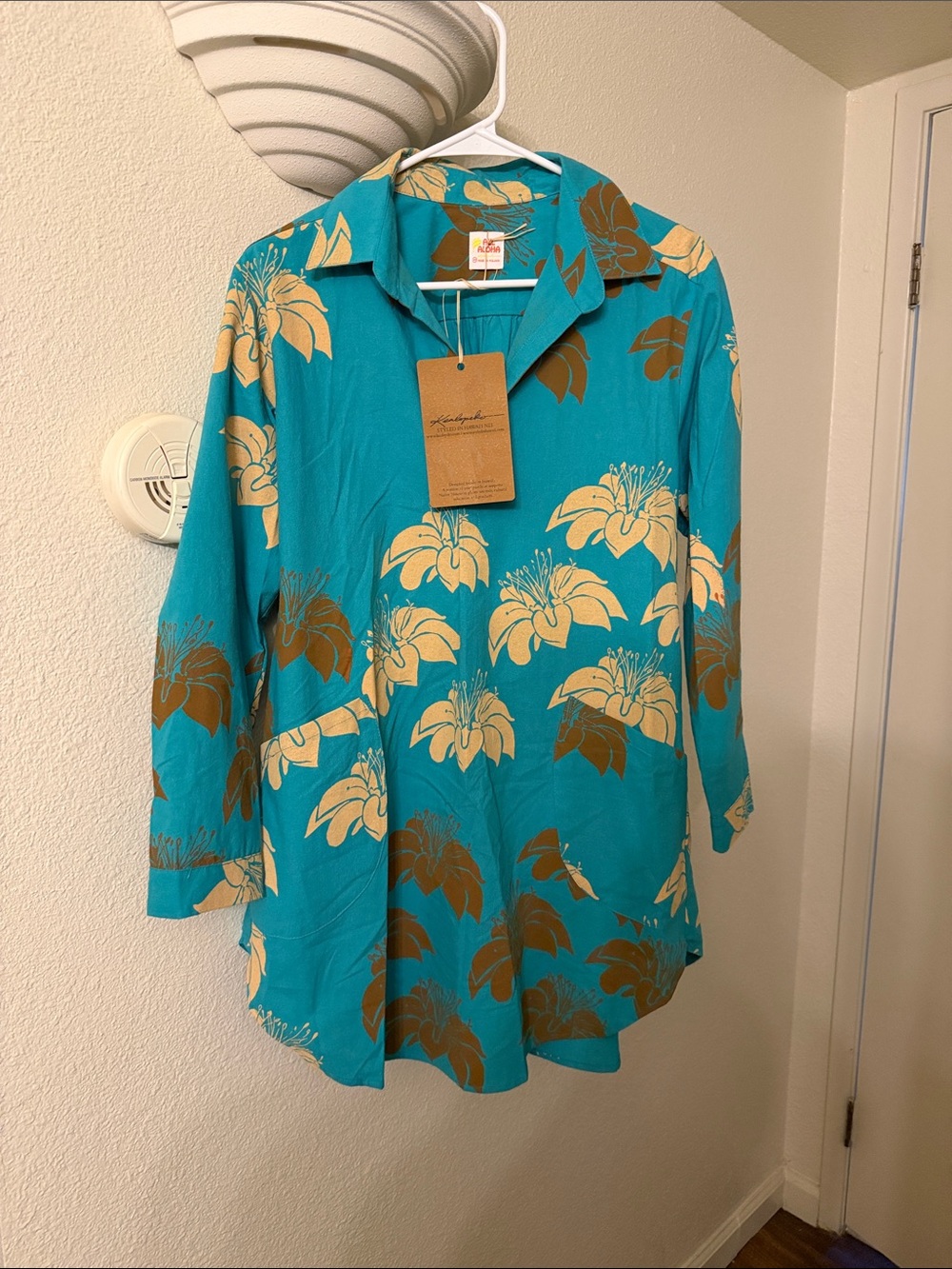 Long Sleeve Teal Floral Button-Front Dress